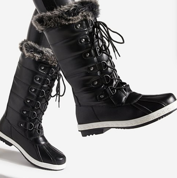 Black Faux Fur Cuff Lace Up Boots - Picture 2 of 8